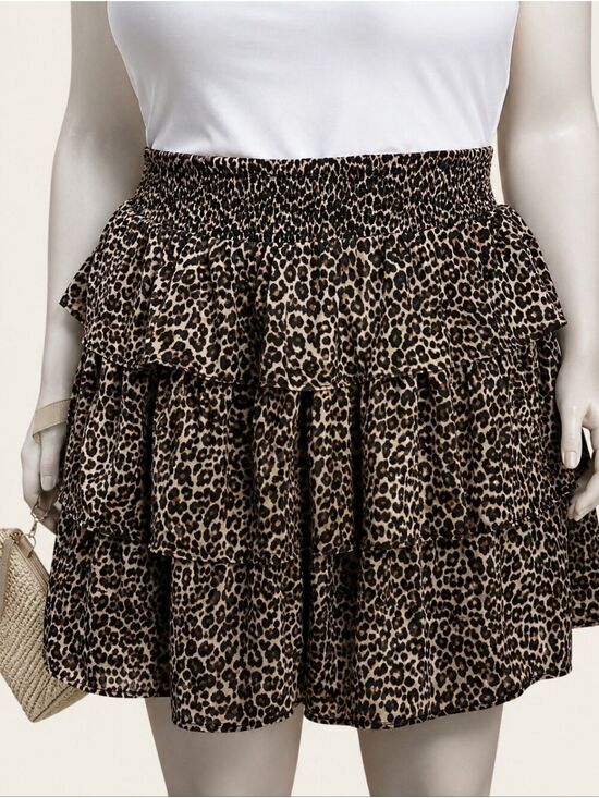 new in Dresses & Skirts - Leopard Tiered Ruffle Mini Skirt 2X Smocked Waist Mob Wife Western Glam NWT